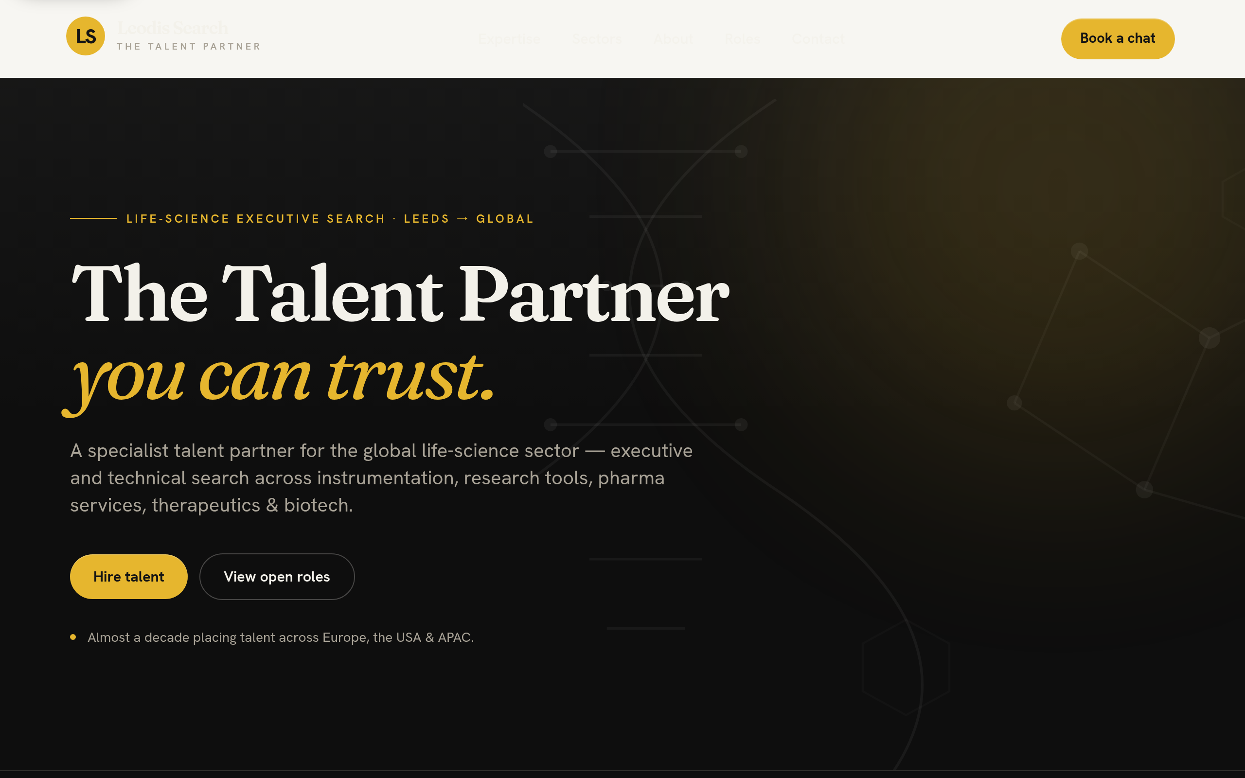 A premium dark-mode site for a life-sciences executive-search firm — website